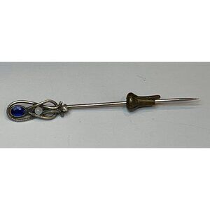 Vintage Hat Stick Pin Silver Pearl Blue Stone